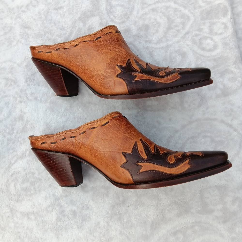 Charlie 1 Horse Brown Leather Western Mules with Chunky Heel